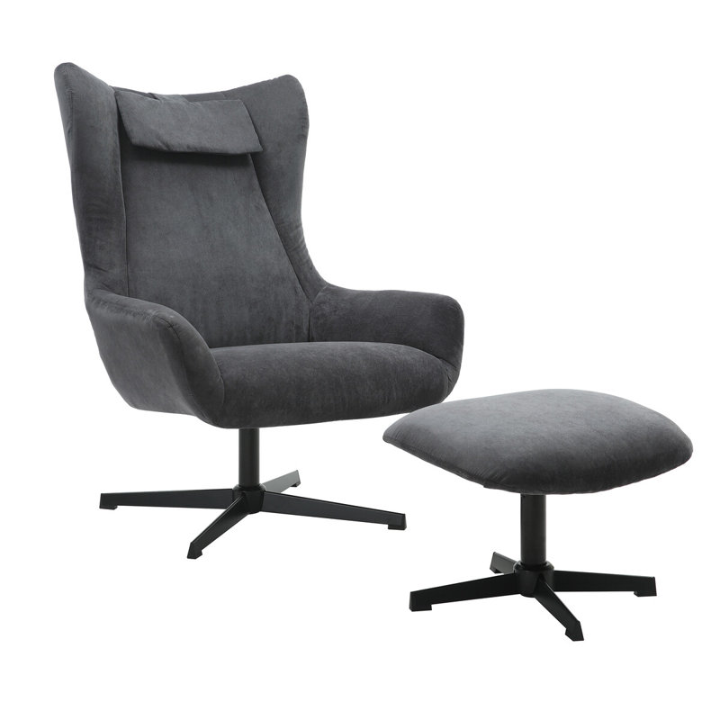 Tishkevich Upholstered Swivel Accent Chair with Footstool, Grey/Brown/Blue Corduroy