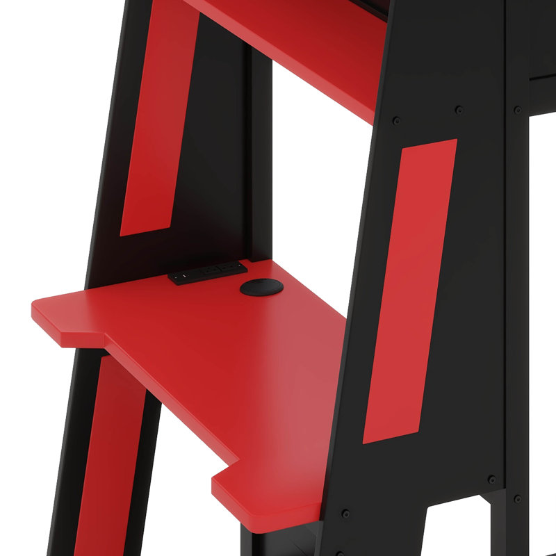 Lit superposé en bois avec bureau, deux tablettes de rangement, USB et lumière DEL, Lit simple, Noir / Rouge