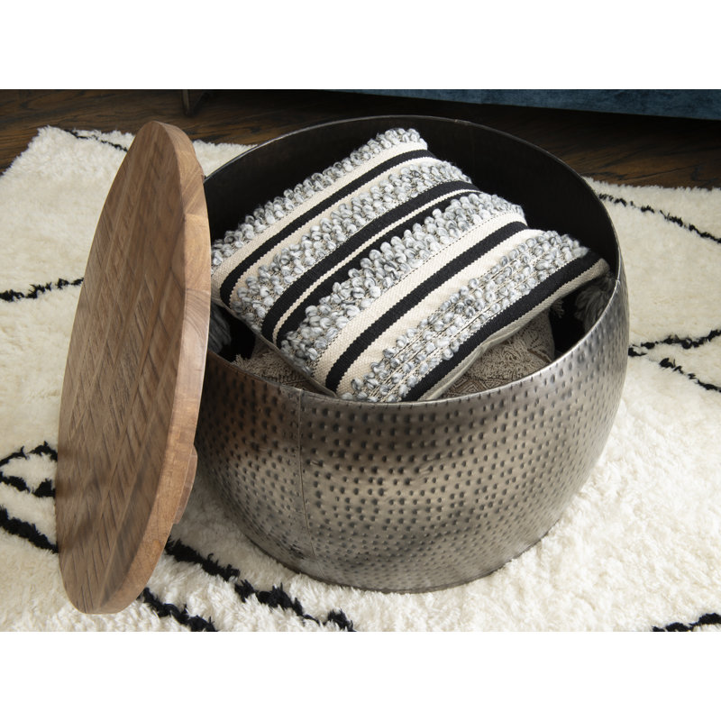 Synthia Hammered Metal Drum Coffee Table with Storage and Wooden Top, 16.5" H x 22.5" L x 22.5" W, Silver