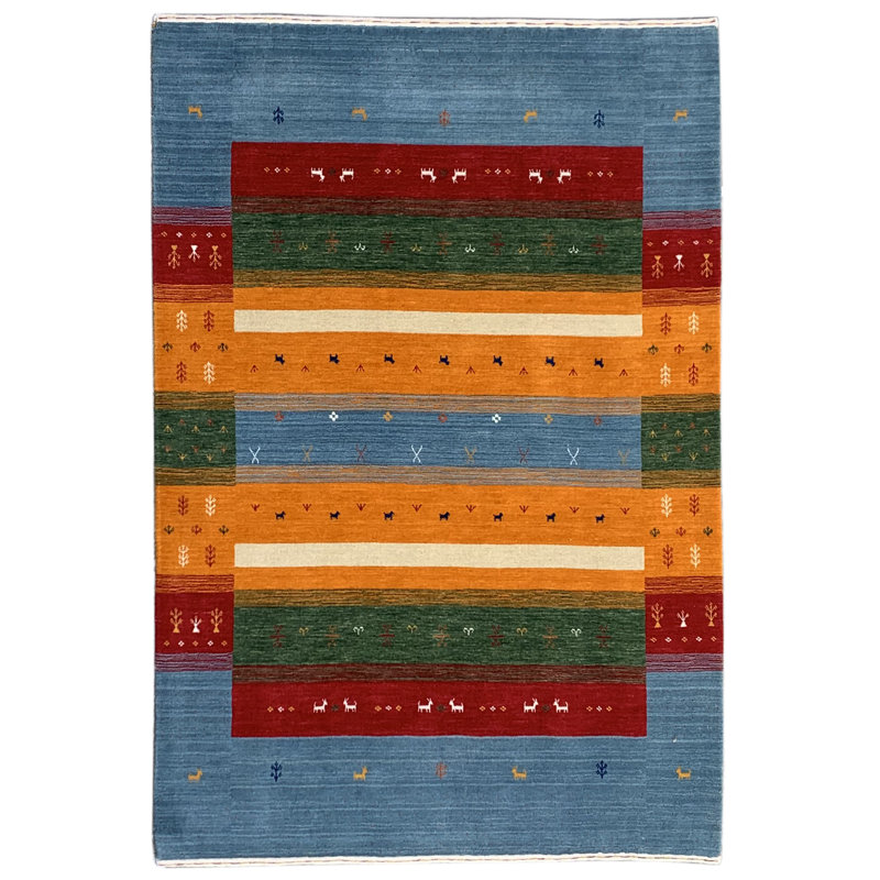 Tapis bleu transitionnel moderne Timbe Gabbeh, Rectangulaire 8 pi x 10 pi