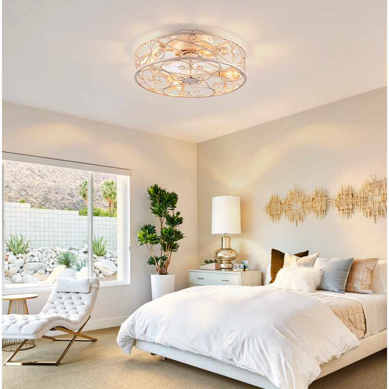 Ventilateur de plafond à cage CC réversible 6 vitesses avec lumière Contemporary - blanc, White/Gold