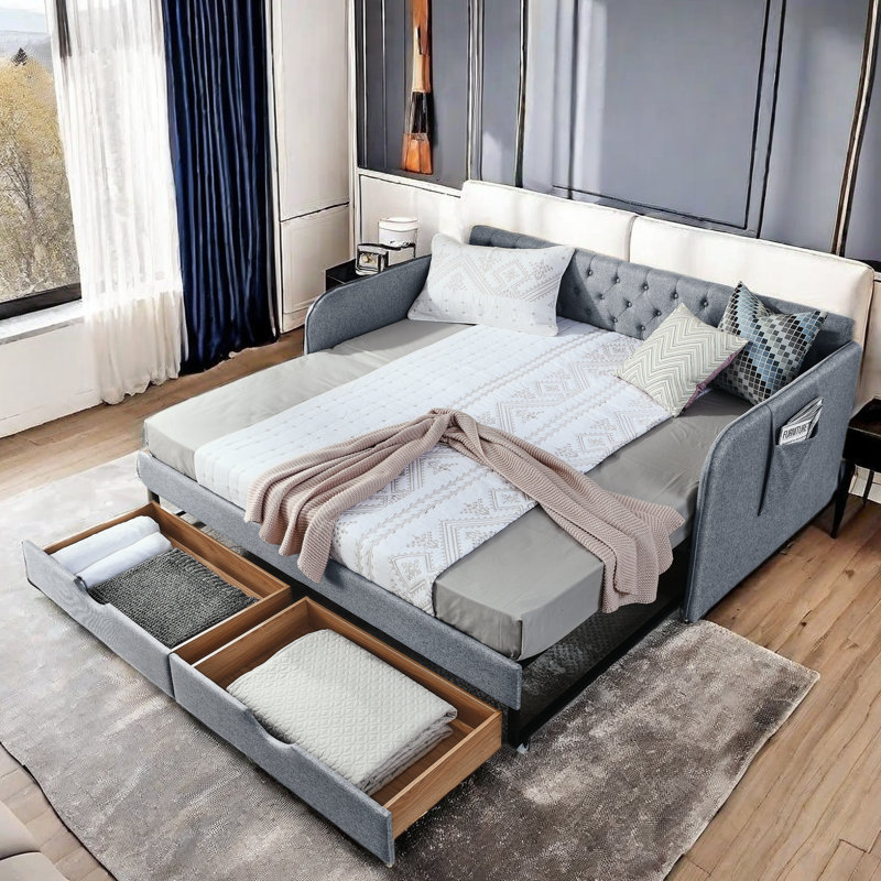 Tanikia Upholstery Daybed with Trundle, Pocket and 2 Drawers, Gray