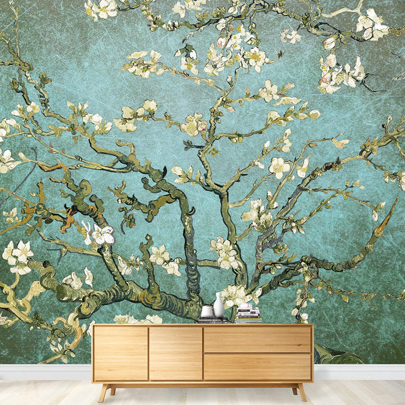Almond Blossom Vincent Van Gogh, Floral Mural, Vintage Boho Removable Contact Paper, Aqua / bleu sarcelle, 144" W x 100" L
