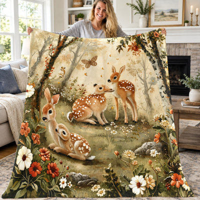 1pc Woodland Fawn Blanket, Whimsical Forest Scene with Deer and Butterflies Flannel Throw, Soft Cozy Lightweight Blanket for Sofa Bed Couch Living Room Bedroom Dorm Travel, Home Decor All‑Season Gift