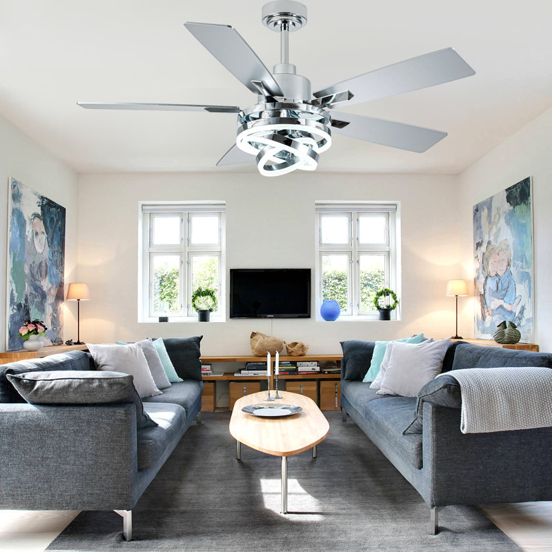  52" Modern 5-Blade Silver Ceiling Fan with Light Kit and Remote, 6 Speed Quiet DC Dimmable Light with DIY LED Shade for Living Room