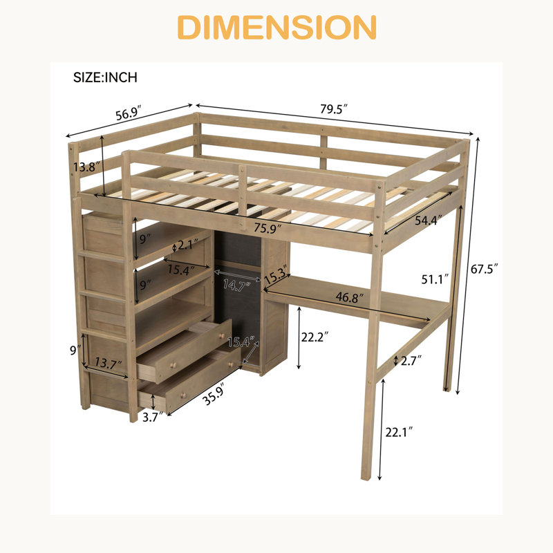 Lit mezzanine double en bois avec garde-robe intégrée, bureau, tablettes de rangement et tiroirs, Noyer