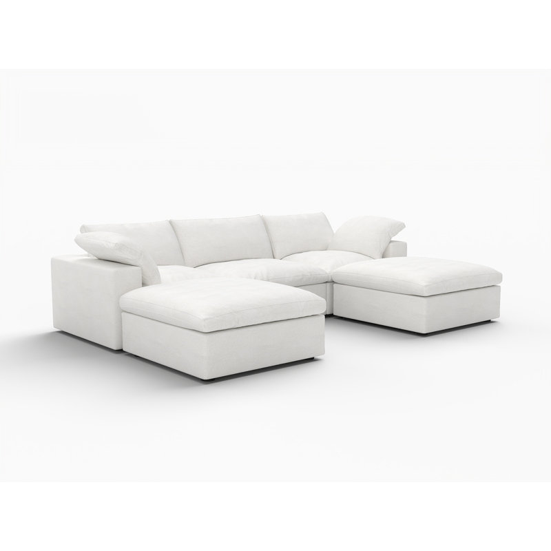 Canapé modulaire 120 po en mélange de lin blanc avec repose-pieds et rangement