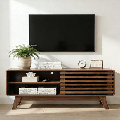 Meuble télé avec rangement, meuble audio-vidéo avec porte coulissante à lattes, meuble télé de style moderne Mid-Century, console média pour le salon