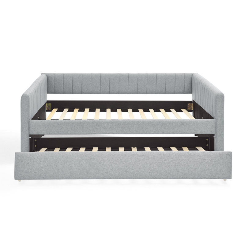 Daybed with trundle - upholstered sofa bed, vertical stripes, linen fabric, Gray, Full