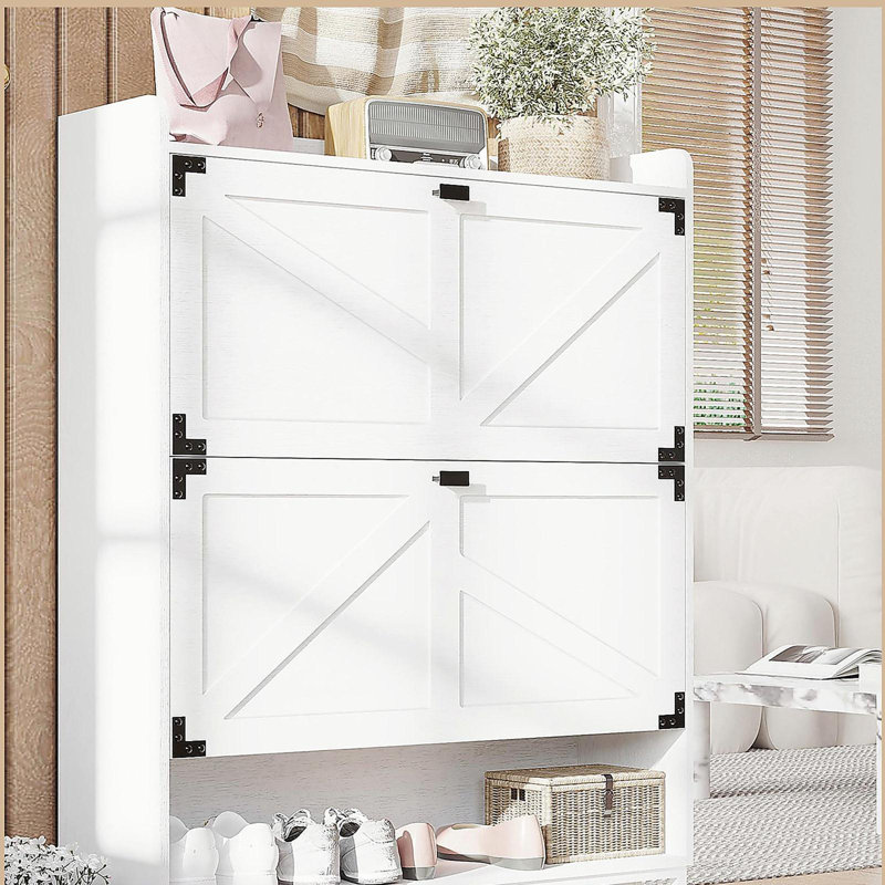 Range-chaussures avec 2 tiroirs rabattables, range-chaussures pour le vestibule, range-chaussures avec rangement ouvert, range-chaussures étroit avec pieds décoratifs en métal