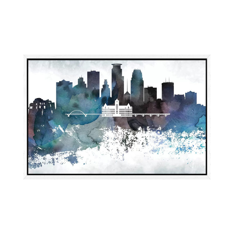 Minneapolis Bluish Skylines - Print on Canvas, 66.04cm H x 101.6cm W x 3.81cm D, White Framed