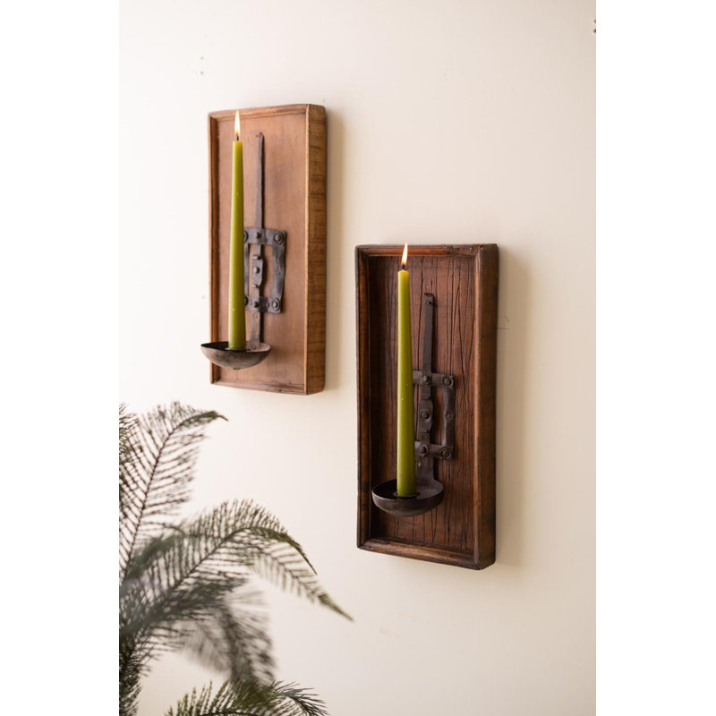 Applique murale en bois avec porte-bougie cuillère en fer recyclé