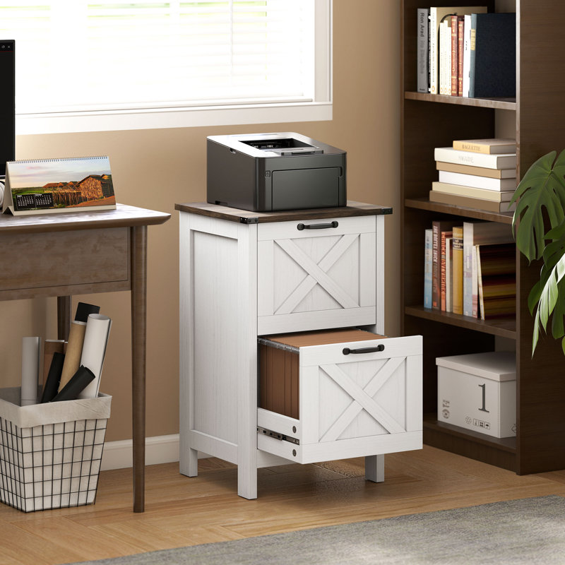2 Drawer Rustic Farmhouse Filing Cabinet with Barn Doors for A4/Letter Size,wood, White