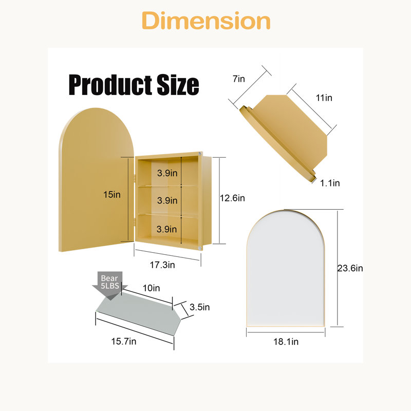 Armoire à pharmacie de coin en métal avec miroir arqué, tablettes en verre réglables, rangement de salle de bain peu encombrant pour les petits espaces