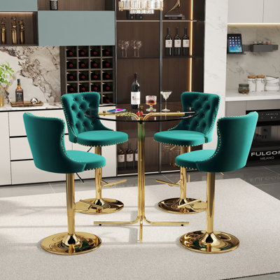 36" Modern Tempered Glass Bar Table Set with Velvet Adjustable Swivel Bar Stools, Metal Base