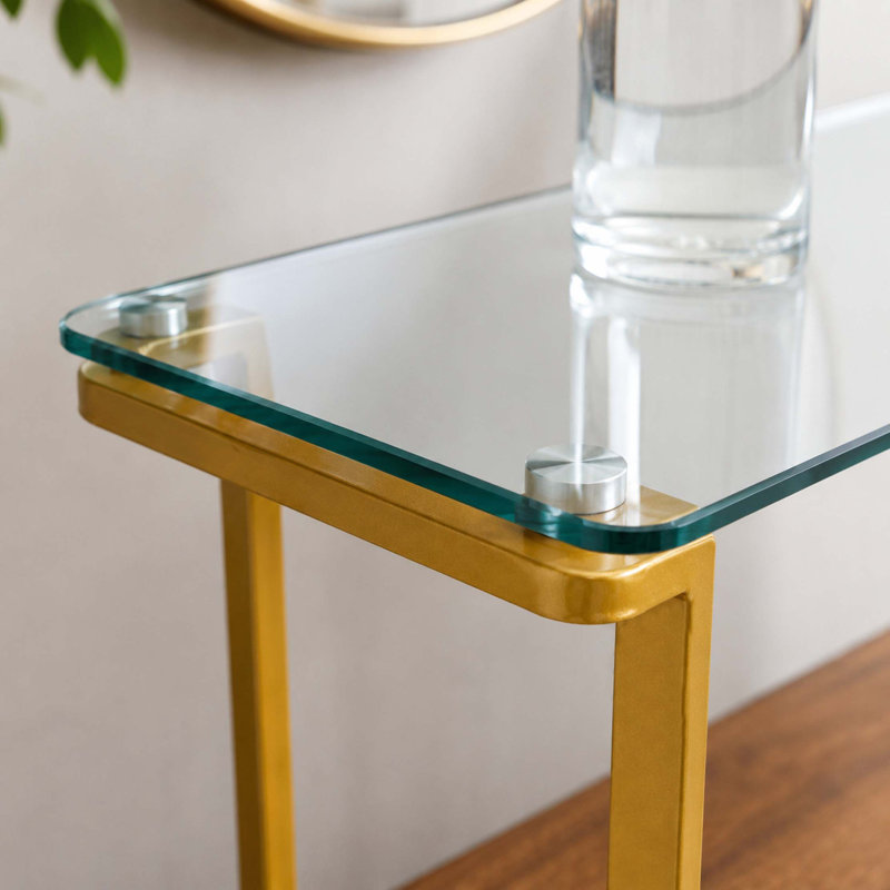 Console de style moderne du milieu du siècle avec plateau en verre trempé et rangement à deux niveaux