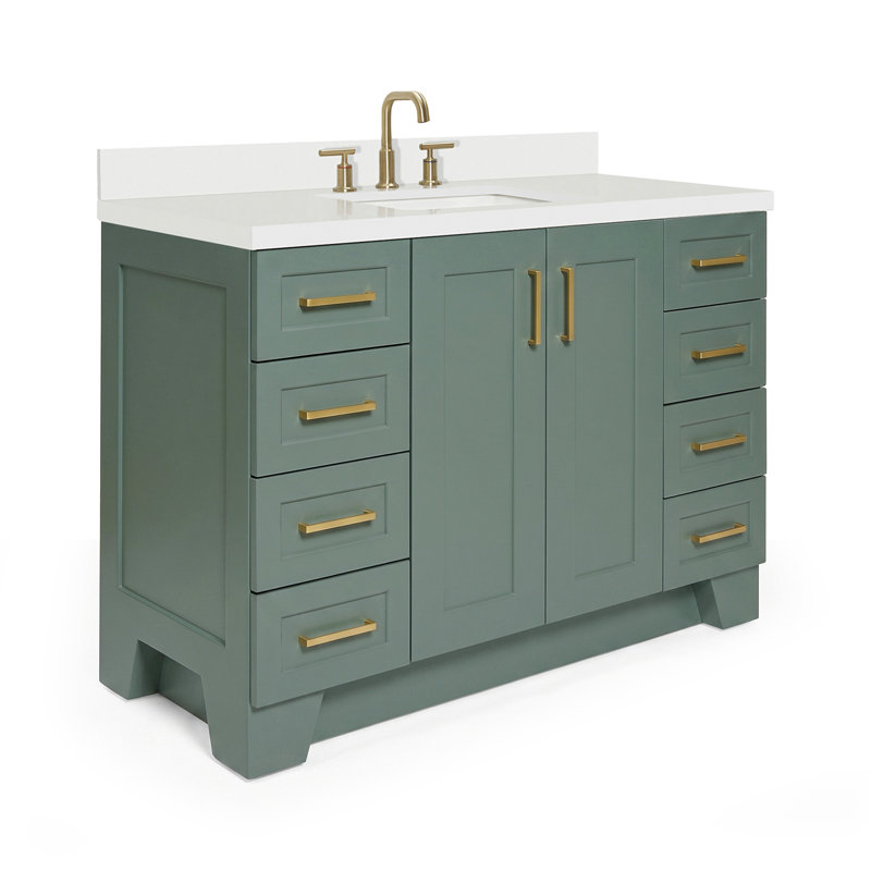 Freitas 48'' Solid Wood Single Bathroom Vanity, Rectangle, White Quartz, Vintage Green