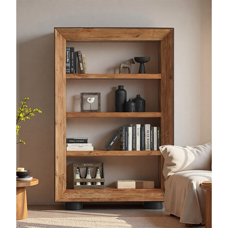 Grande bibliothÃ¨que en bois massif de style wabi-sabi avec cadre Ã©pais, (4 Shelves) 71.65"H x 47.24"W x 15.75"D