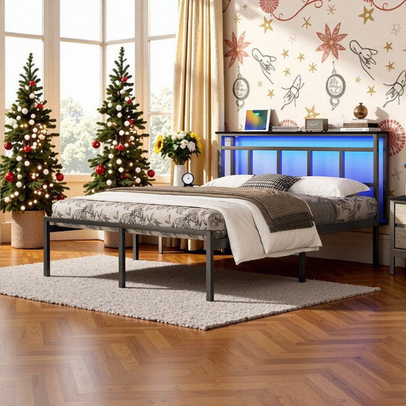 Lit simple / double / grand lit avec tête de lit, base de lit en métal avec ports USB-C et éclairage DEL, Lit double