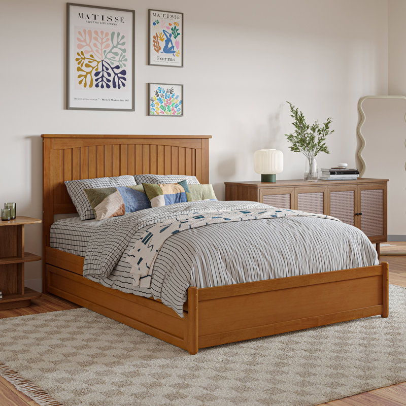 Darlean Solid Wood Trundle Platform Bed with Footboard & Roll Out Trundle, Light Toffee, Full