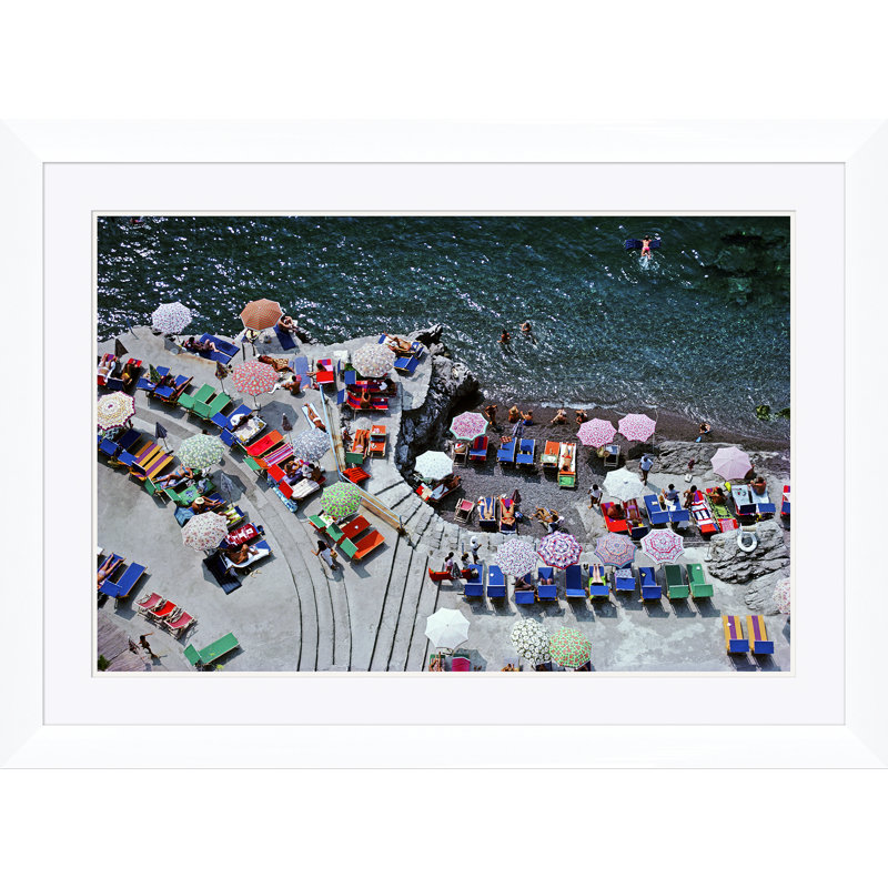 Positano Beach Print by Slim Aarons, White Single Picture Framed, 30" H x 41" W x 1.5" D