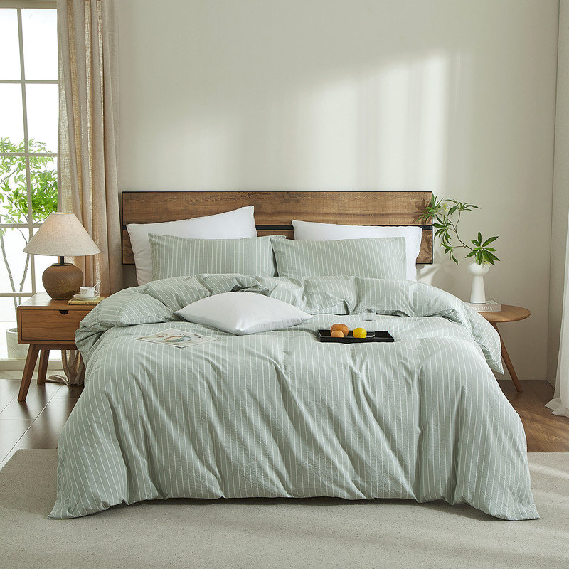 LIFETOWN Striped Duvet Cover Set 100% Washed Cotton Linen Like Bedding Set, Sage Green/White