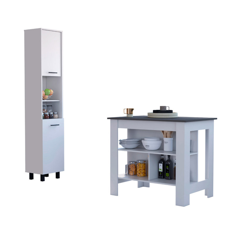 Ensemble de cuisine 2 pièces, îlot de cuisine et garde-manger, blanc et onyx