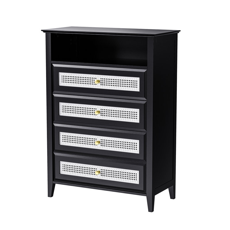 Commode 4 tiroirs avec panneaux en rotin Annay, Noir