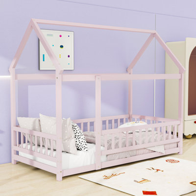 Twin House Floor Bed with Roof Frame and Guardrails