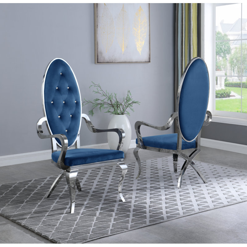 Fauteuil capitonné en velours King Louis, Argent, Velours bleu marine
