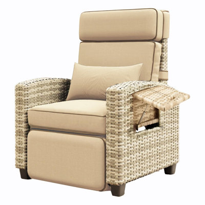 Fauteuil inclinable d'extérieur en osier, méridienne 145 ° avec coussin amovible, dossier et repose-pieds réglables, table rabattable, terrasse, balcon, terrasse, bord de piscine, brun