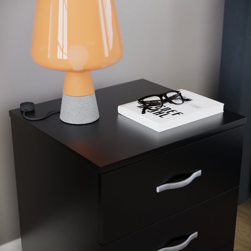 Maybery 3 - Drawer Bedside Table Nightstand, Black