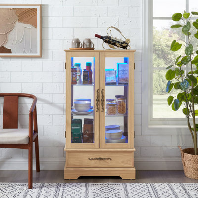 Lighted Glass Curio Display Cabinet With Adjustable Shelves - 2 Doors, 1 Drawer, LED Lights, Elegant Light Oak Finish