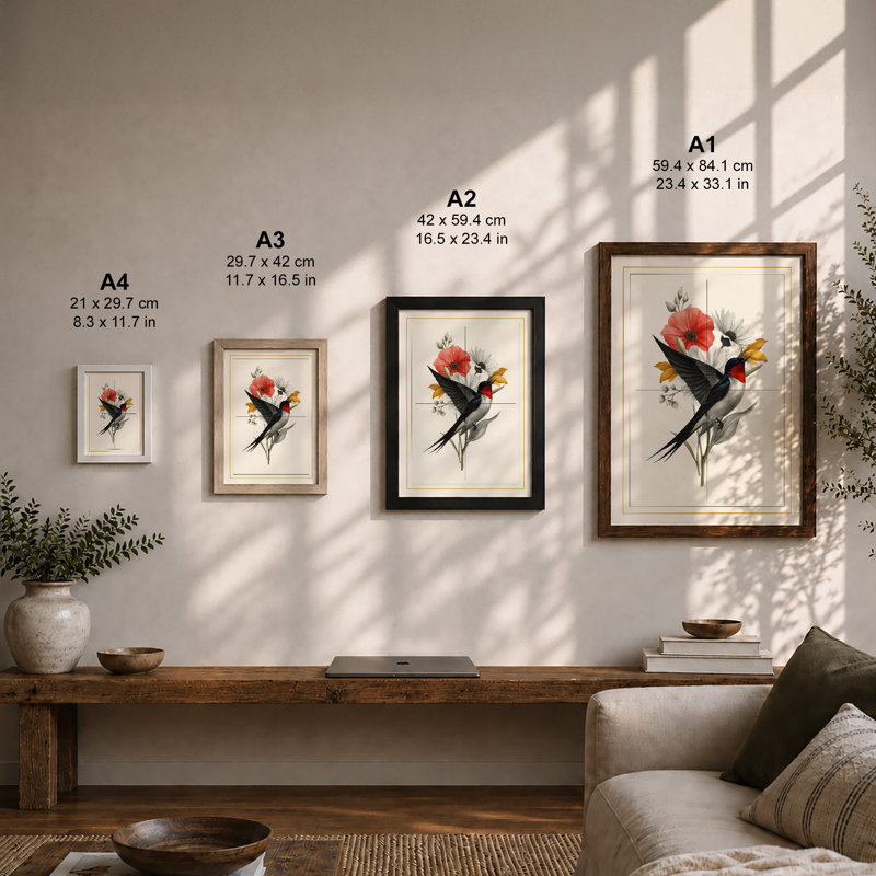 Bird Among Flowers Botanical - Framed Print, Unframed, A4 - 29.7 x 21.0 cm