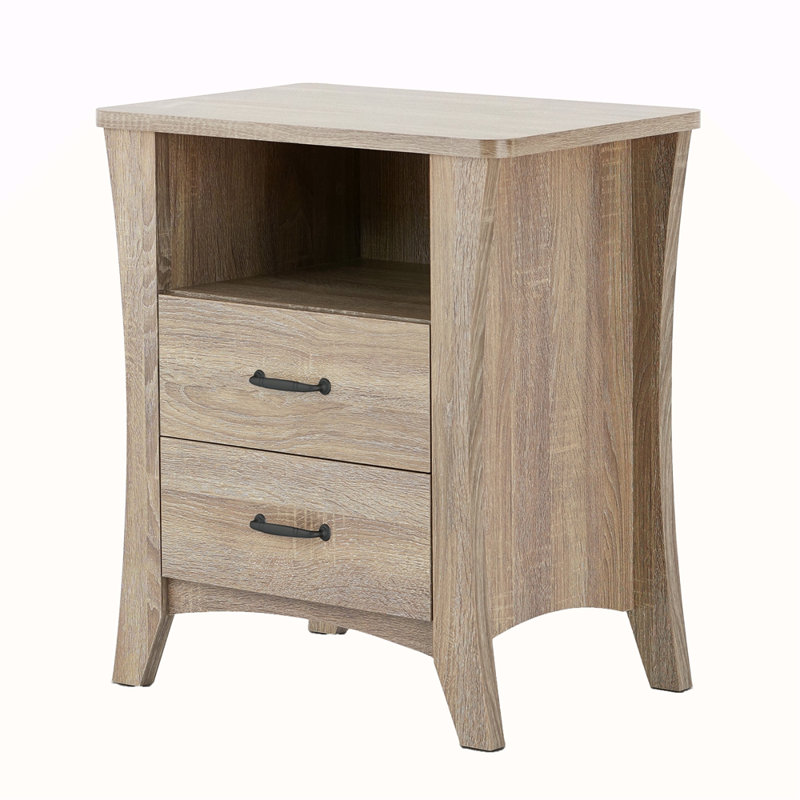 Table de chevet rustique naturelle avec 2 tiroirs et tablettes ouvertes, Brun