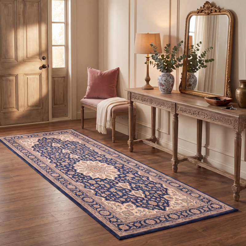 Tapis traditionnel persan avec médaillon, style Pasture, bleu marine, ivoire, or, vert et rose, lavable à la machine, antidérapant, à poils courts, pour l'intérieur et l'extérieur, adapté aux animaux domestiques, idéal pour le salon, la chambre, la salle à manger, l'entrée, le couloir ou le bureau.
