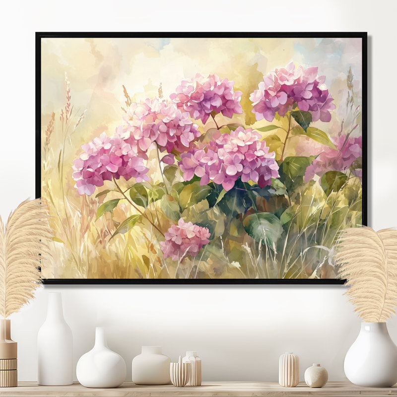 Ingebritt hortensias dans un pré d'été III - art mural d'hortensias pour le salon, H 30 po x l 40 po, Noir, noir, noir, noir
