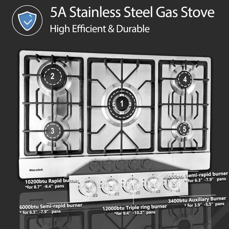 Weceleh 34" Gas Cooktop with Dual Size Power Burner Dual Fuel 5 Burner