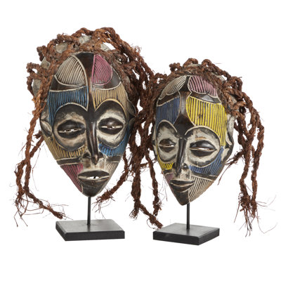 2 Piece Handmade Multi-Colored Barkcloth & Baobab Wood Chokwe Mask with Long Rope Hair Bust Set
