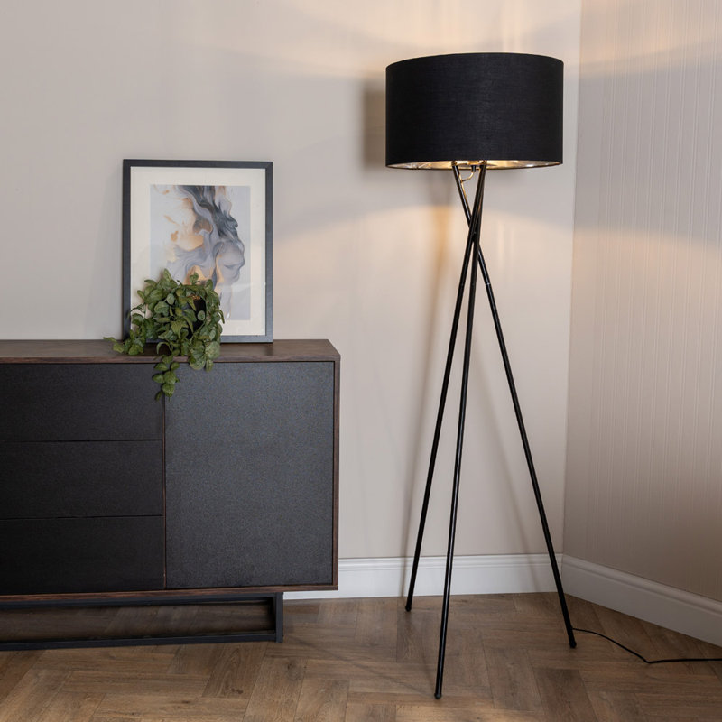 Misner 155cm Camden Tripod Floor Lamp with Large Reni Shade, Black , Black & Chrome, Yes