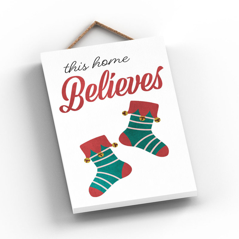 Xmas This Home Believes Wooden Plaque, 18.5cm H x 12cm W x 0.9cm D