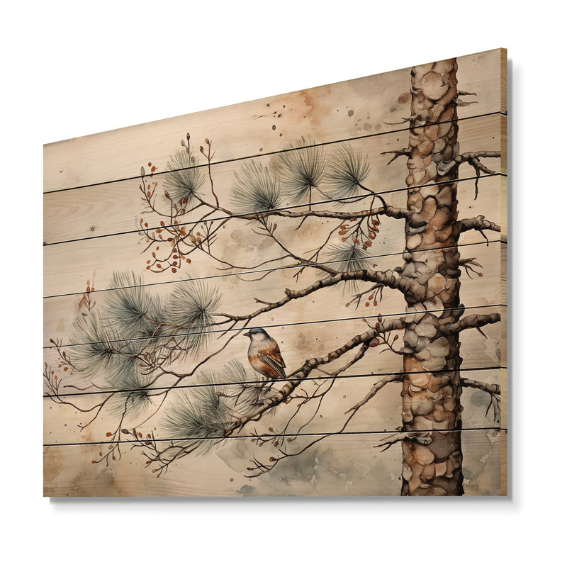 Oiseau sur pin II sur bois, H 10 po x l 20 po x P 0,78 po