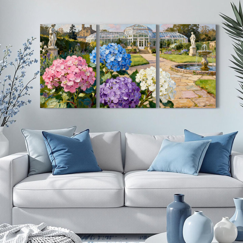 Hortensia jardin, reproduction d'art sur toile tendue sur toile, ensemble de 3, H 18 po x l 36 po