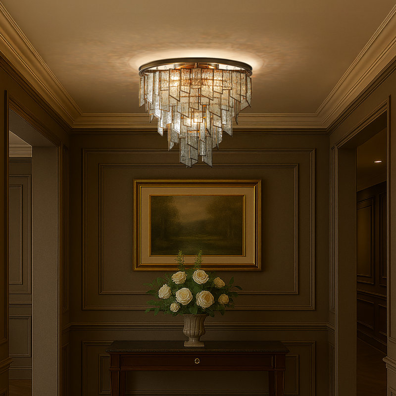 Luxury Water Ripple Glass Flush Mount Modern Brass Frame Lighting Fixture For Dining Room Living Room And Kitchen Island