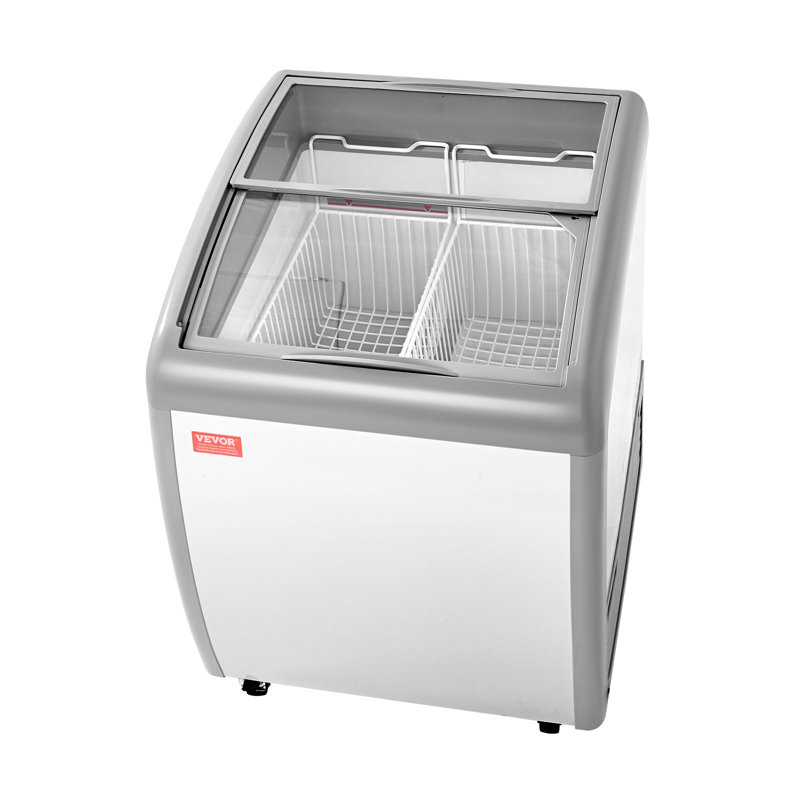 Vitrine à crème glacée commerciale, congélateur coffre de 5,4 pieds cubes, congélateur supérieur mobile à température réglable de -19 à 3 with avec 2 paniers grillagés, 2 portes coulissantes en verre, roulettes verrouillables et éclairage à bande DEL