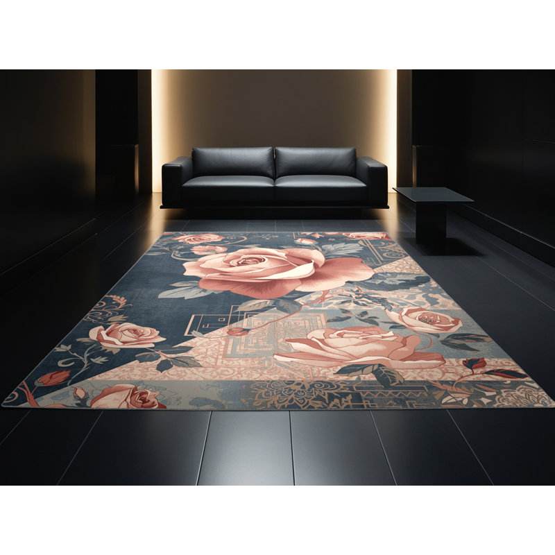 Tapis floral rose et rose lavable à la machine Oyan Rose Florentiner, 7 x 10