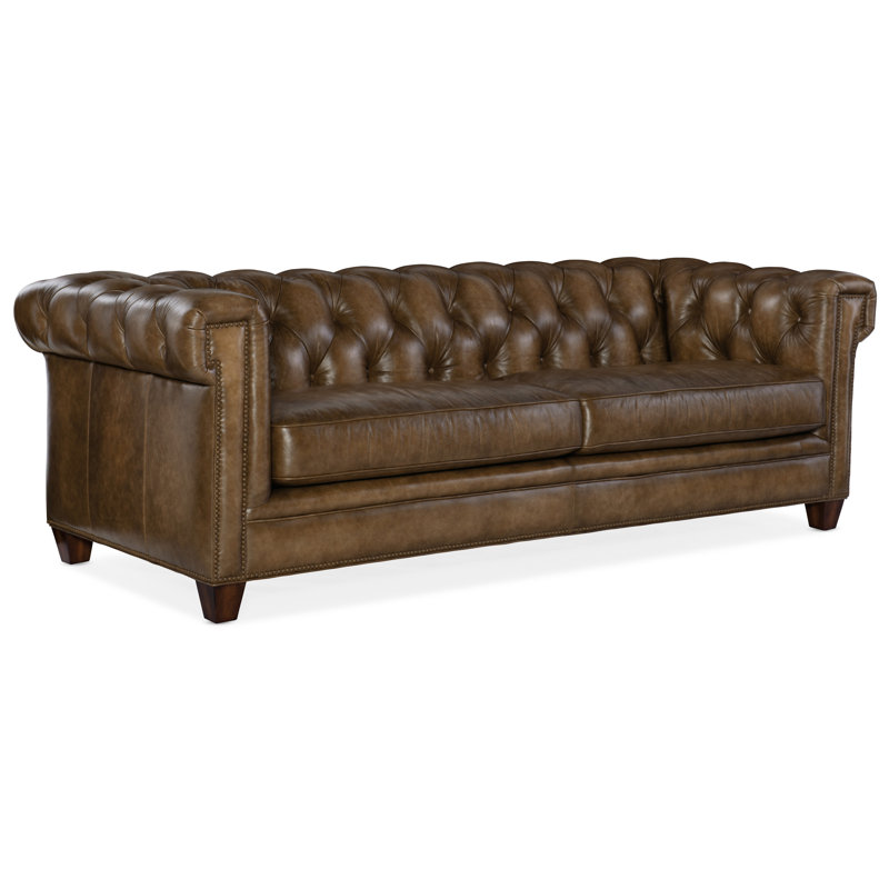 Chester Tufted Stationary Sofa, Brown Genuine Leather
