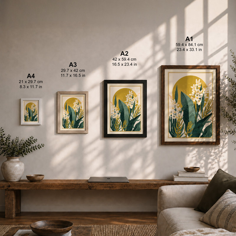 White Blossoms in Gold Japandi - Framed Print, A2 - 59.4 x 42.0 cm, Oak