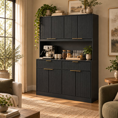 Armoire de cuisine de 180 cm de haut avec prise électrique, portes cannelées, 2 tiroirs et comptoir ouvert