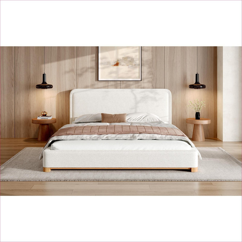 Structure de lit tapissier grand, tête de lit courbée moderne, base en bois massif, tissu bouclé, finition blanche